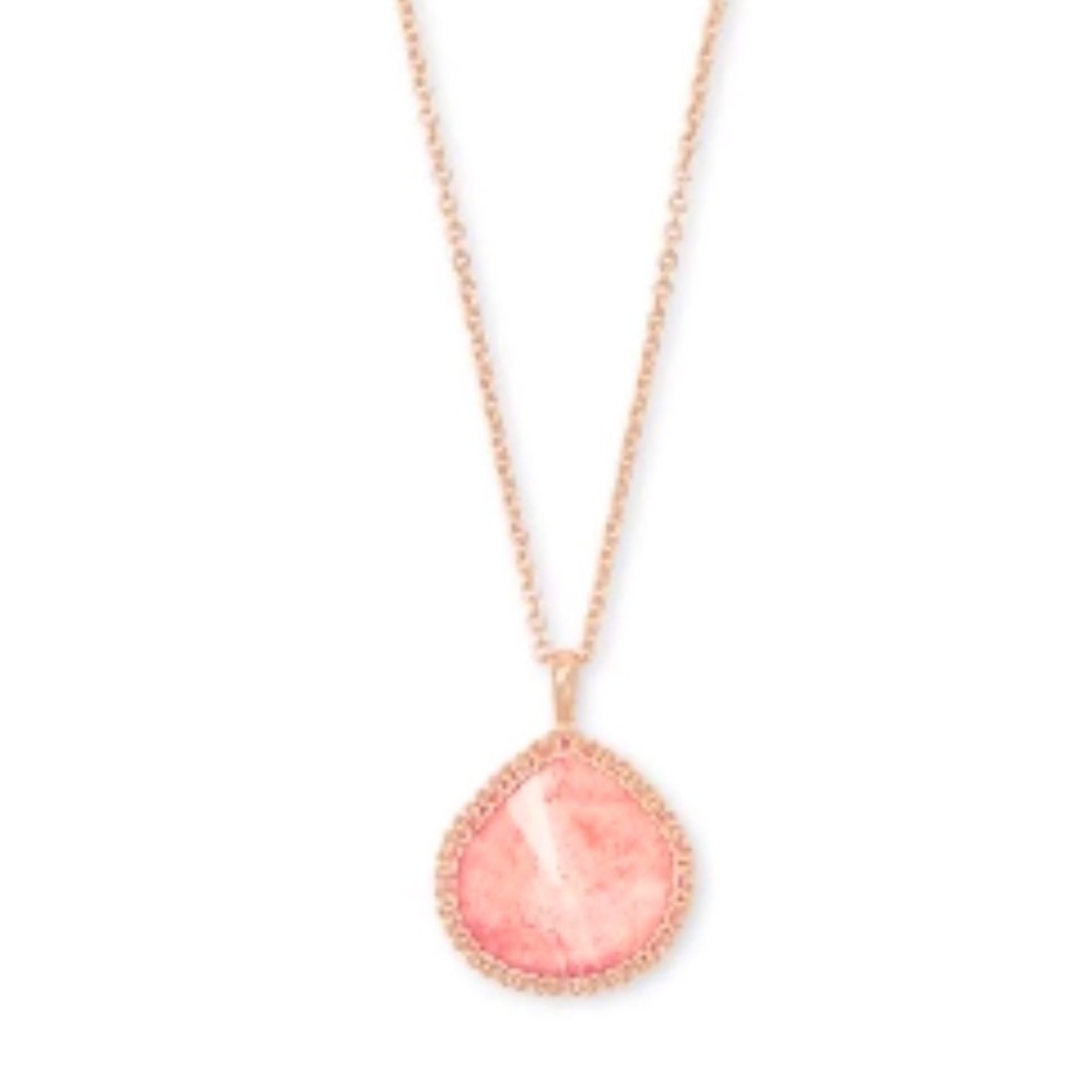 Kendra Scott Kenzie Macrame Reid Rose Gold Long Pendant Necklace in Blush Wood.